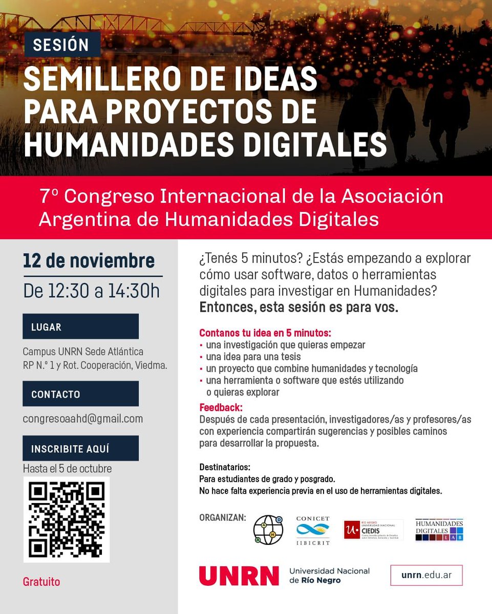 aahdArg's tweet photo. 🌐 ¿TENÉS UNA IDEA PARA EXPLORAR LAS HUMANIDADES DIGITALES?

💻 En el marco del Congreso Internacional de la AAHD, se realizara el “Semillero de ideas para proyectos de Humanidades Digitales”.

#HumanidadesDigitales #UNRN #Viedma #CongresoAAHD #SemillerodeIdeas https://t.co/UHloFt60cE