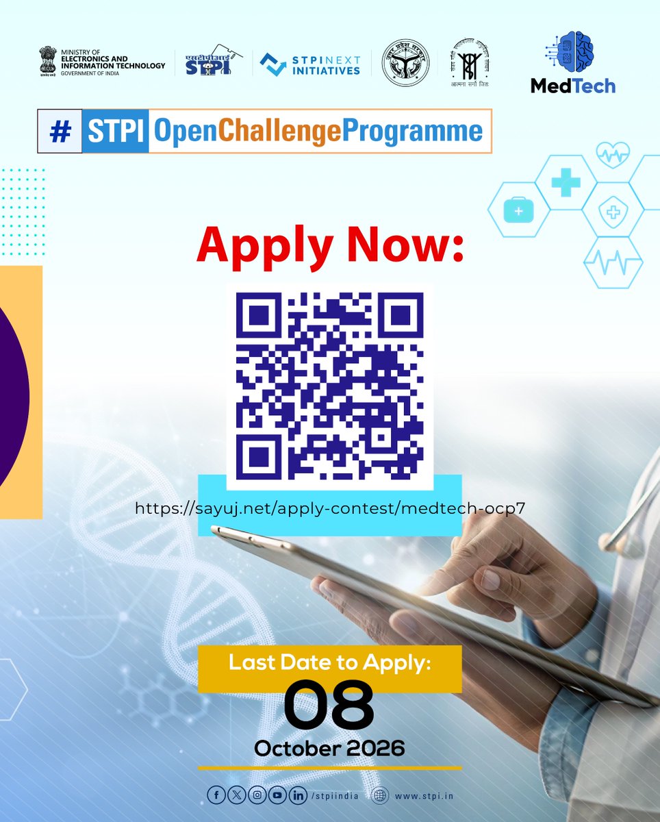 stpiindia's tweet photo. 🚀 Calling all MedTech startups!

Have you developed a healthcare solution with the potential to address real-world challenges? STPI MedTech CoE, Lucknow invites startups to participate in Open Challenge Programme (OCP) 7.0: NIRMAAN, focused on Medical Electronics and Health Informatics.

Whether you’re developing a prototype or building a solution ready for the next stage, NIRMAAN offers startups the ecosystem and support to move from product development and clinical validation to commercialisation and business scaling.

💡 Key Offerings:

💠 Access to state-of-the-art IoT Medi Labs
💠 Prototype development, 3D modelling & 3D printing support
💠 Mentorship from industry & clinical experts
💠 Market access & go-to-market support
💠 IPR & Medical CDSCO compliance guidance
💠 Angel/VC connects for funding support

📅 Last Date to Apply: 08 October 2026
🔗 Apply Now: https://t.co/TIXfhuZUeE

#STPI #NIRMAAN #OCP7  #OpenChallengeProgramme #MedTech #MedicalElectronics #HealthInformatics #MedTechStartups #HealthcareInnovation #HealthTech #StartupIndia #Innovation #Entrepreneurship #STPILucknow

@GoI_MeitY @AshwiniVaishnaw @JitinPrasada @SecretaryMEITY @arvindtw @_DigitalIndia @NeGD_GoI @startupindia @meitystartuphub @stpinext @MedTechCoE @UPGovt