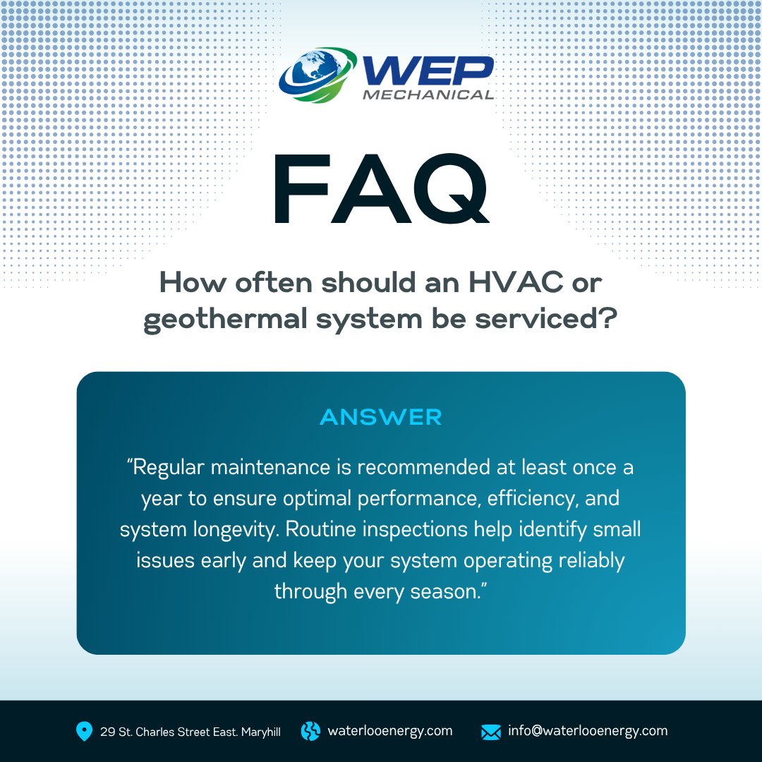 WaterlooEnergy's tweet photo. FAQ: How often should an HVAC or geothermal system be serviced?
Regular maintenance is recommended at least once a year to ensure optimal performance. Routine inspections help identify small issues and keep your system operating reliably through every season. Call (519) 648-9977 https://t.co/FhzeTjglSy