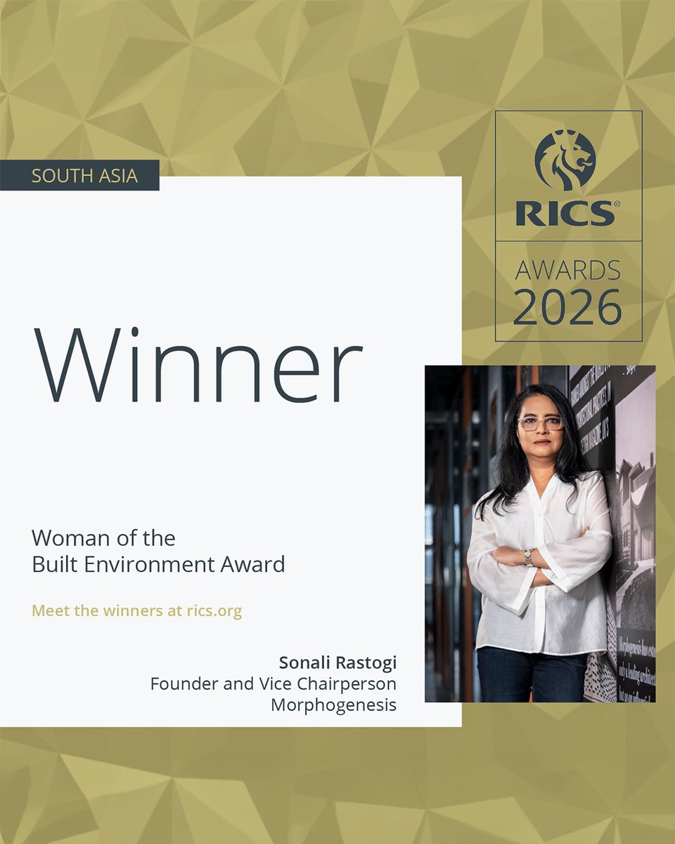 _morphogenesis's tweet photo. Sonali Rastogi, Founder &amp; Vice Chairperson of Morphogenesis, has been honoured with the Woman of the Built Environment Award at the RICS Awards 2026, South Asia, recognising her leadership and commitment to responsible, equitable architecture. https://t.co/kEXGCmN8v6