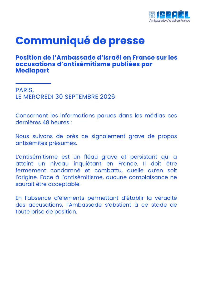 IsraelenFrance's tweet photo. Communiqué de presse sur les accusations d’antisémitisme publiées par Mediapart : https://t.co/4uhSvA868O