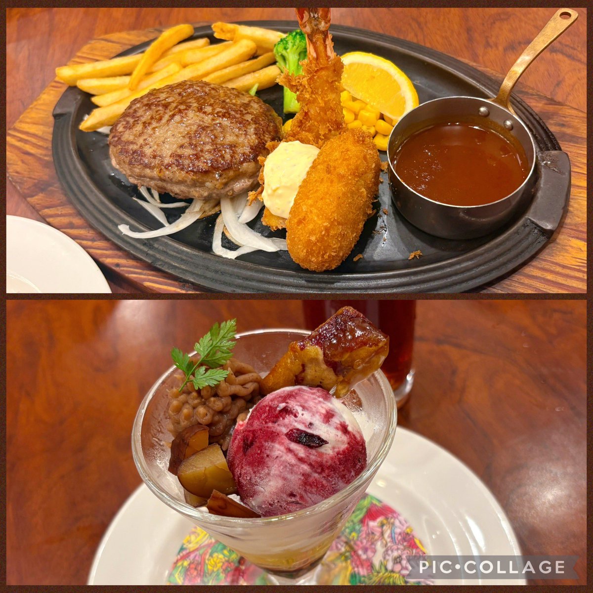 Lychee_55's tweet photo. 久しぶりのガッツリお肉( 🤟 °꒳​°  )🤟ふぅー!!!
モンブランとスイートポテトのパフェも🌰🍠 https://t.co/Z5P5uYy4rV