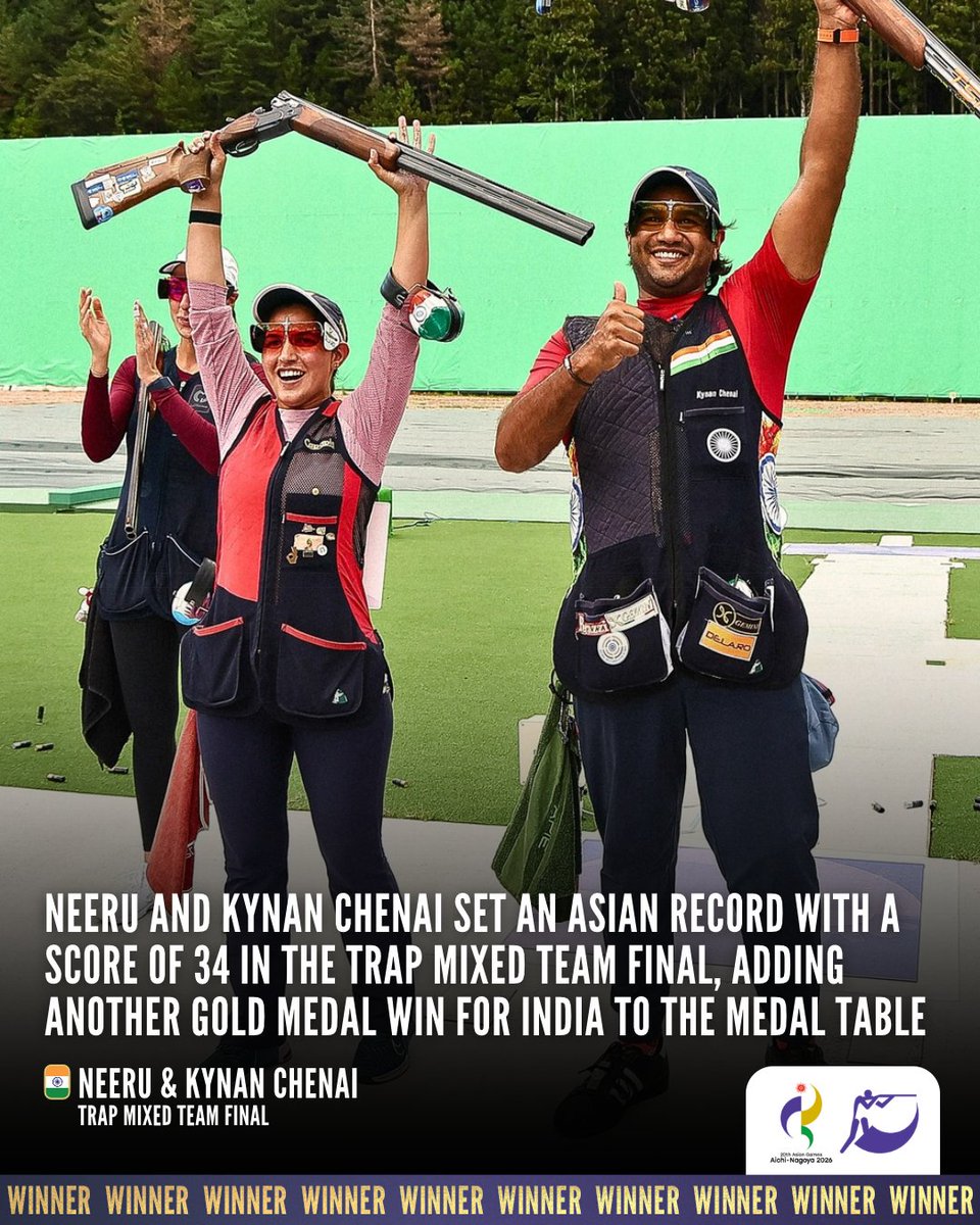 issf_official's tweet photo. Success for team India! 🇮🇳

Neeru and Kynan Chenai smash the Trap Mixed Team Asian Record and earn GOLD 🥇

#ISSF #ShootingSport #AichiNagoya2026 https://t.co/yqOJmSmgwL