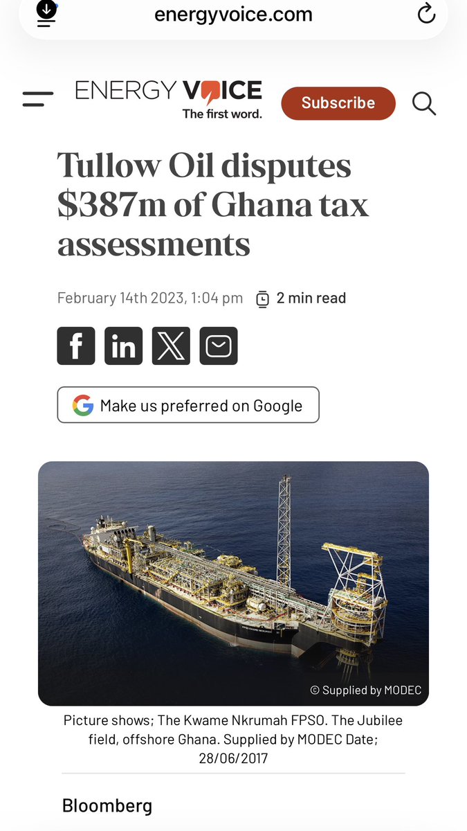 CallmeAlfredo's tweet photo. When Ghana’s economy collapsed in 2022 and the country defaulted on most of its international debt, the government went looking for money everywhere. One place it looked was at major companies it believed owed the state taxes. The GRA reopened the tax files of major firms, including MTN, Gold Fields, Kosmos Energy and Tullow.

Tullow, Ghana’s largest oil producer, received several large tax bills. One of them concerned insurance.

Between 2016 and 2019, problems at the Jubilee field, Ghana’s largest oil field, disrupted production. Tullow and its partners had business interruption insurance, which pays companies when they lose income because their operations are disrupted. The insurers paid Tullow for the oil revenue it had lost.

The GRA’s position was straightforward. If Tullow had produced and sold that oil, the resulting profit would have been taxed in Ghana. The insurance payout replaced that lost profit, so it should be taxed in the same way.

The GRA assessed $196.5 million in corporate income tax on the insurance payouts and then added a 100% penalty, bringing the total bill to about $393 million.

Tullow argued that the assessment breached its Petroleum Agreements with Ghana. These contracts set out how Tullow’s Jubilee and TEN operations are taxed and provide protections against changes to the agreed tax regime. In February 2023, Tullow took the dispute to international arbitration at the International Chamber of Commerce in London.

Yesterday, the tribunal ruled for Ghana on every substantive point. It found that the tax assessment did not breach Tullow’s contractual protections and upheld the full $393 million assessment, including the penalty.

Y’agye sika!