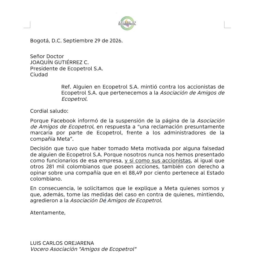 JERobledo's tweet photo. Carta de la Asociación de Amigos de Ecopetrol al presidente de esa empresa, reclamándole porque empleados de Ecopetrol S.A., engañando, lograron que Facebook nos sancionara.
Y exigiéndole que tome las medidas del caso en contra de esa persecución. https://t.co/iCJN5fTlbf
