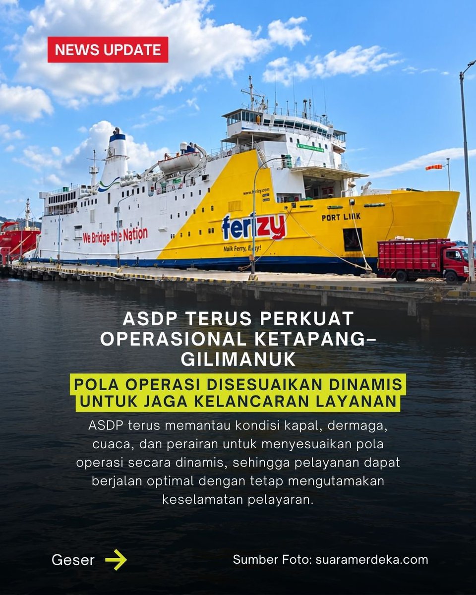 tariaulya28's tweet photo. ASDP terus mengoptimalkan layanan penyeberangan Ketapang–Gilimanuk u/ mendukung mobilitas masyarakat &amp; distribusi logistik Jawa–Bali. Sepanjang 27–29 September 2026, sebanyak 6.082 truk telah menyeberang melalui lintasan ini. Direktur Utama ASDP Heru Widodo mengatakan, pengaturan https://t.co/B5Q86fsafV