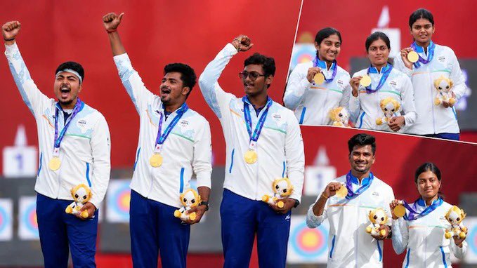 azharflicks's tweet photo. A GOLDEN RUN FOR TELANGANA’S CHIKITHA! 

Heartiest congratulations to Taniparthi Chikitha on winning two Gold Medals at the Asian Games 2026-  in the Women’s Compound Team event alongside Vennam Jyothi Surekha and Prithika Pradeep, and in the Mixed Compound Team event with Sahil Jadhav.

India has now won three Golds in Compound Archery at these Games.

India has now won three Golds in Compound Archery at Asian Games.

Heartiest congratulations to Chikitha and Sahil on qualifying for the 2028 Olympics.

Continue making India and Telangana proud!

#AsianGames2026 #IndiaAtAsianGames