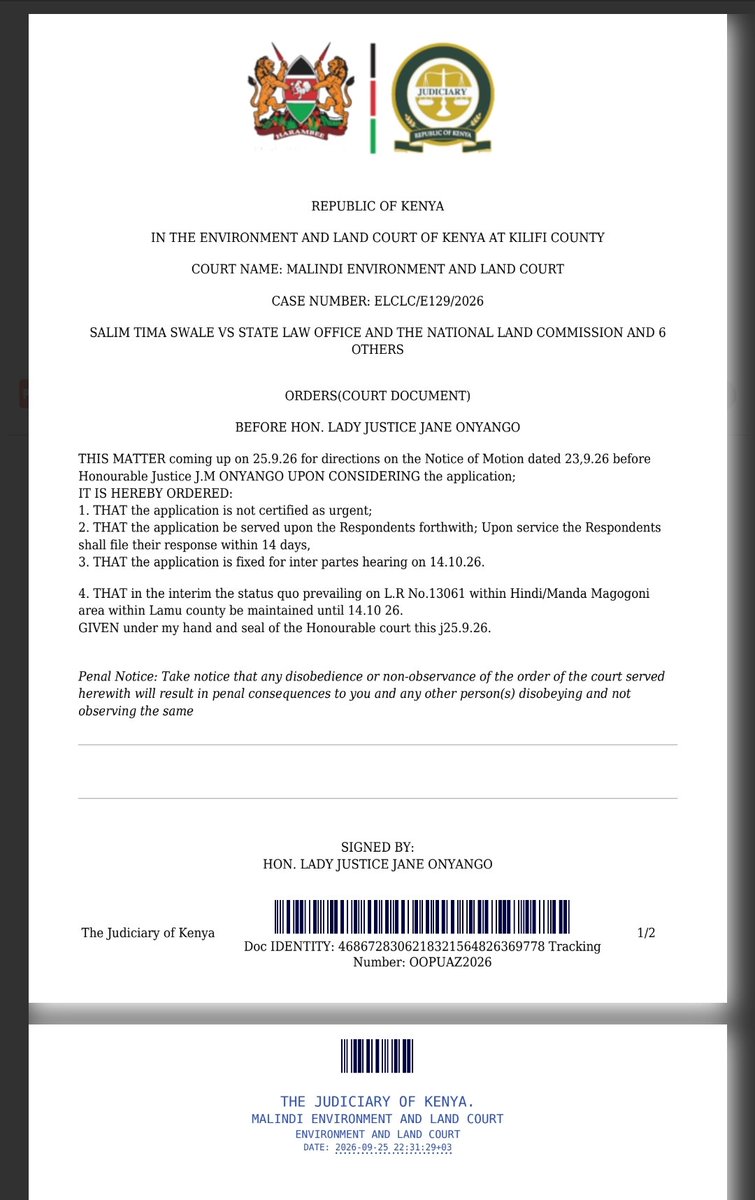 Esq_Dalmas_J's tweet photo. Tebu, ama ni mimi ndo sielewi sheria. 

Si Hon Onyango ordered status quo be maintained on the Lamu project until 14-10-2026?

The status quo as at the date the order was issued was that no groundbreaking had happened. 

Why has groundbreaking proceeded? 

Are the parties in contempt or the orders were vacated na sijui?

Ama ni mimi ndo sielewi maana ya status quo be maintained?

Or the land they've broken is not 13061?