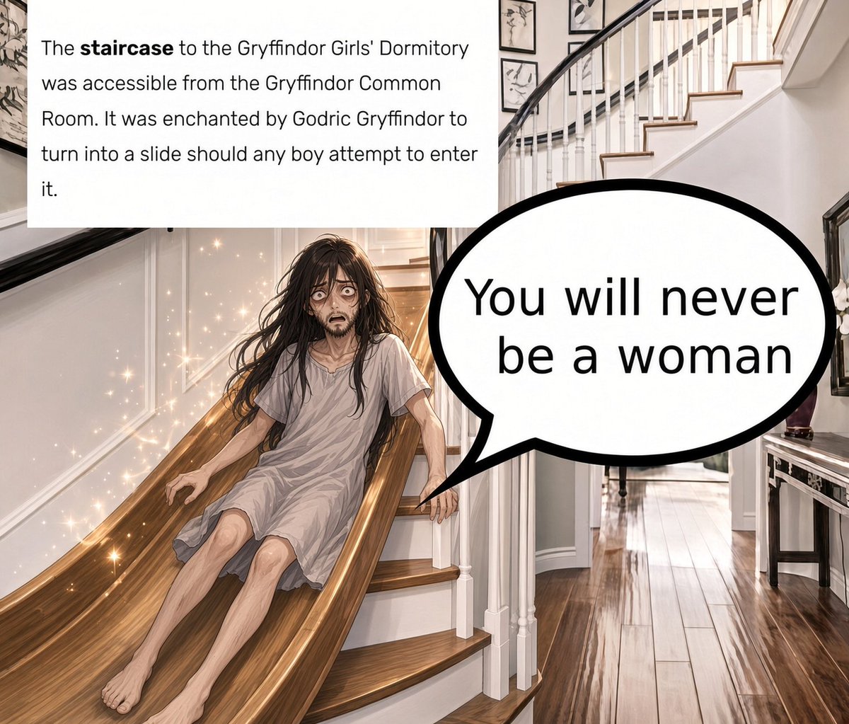ApexImperialist's tweet photo. The staircase of the Gryffindor Girl's Dormitory is magically enhanced to reject boys.

It also rejects trans people.

Coincidence? I think not! 😜 https://t.co/oquL3ACm7c