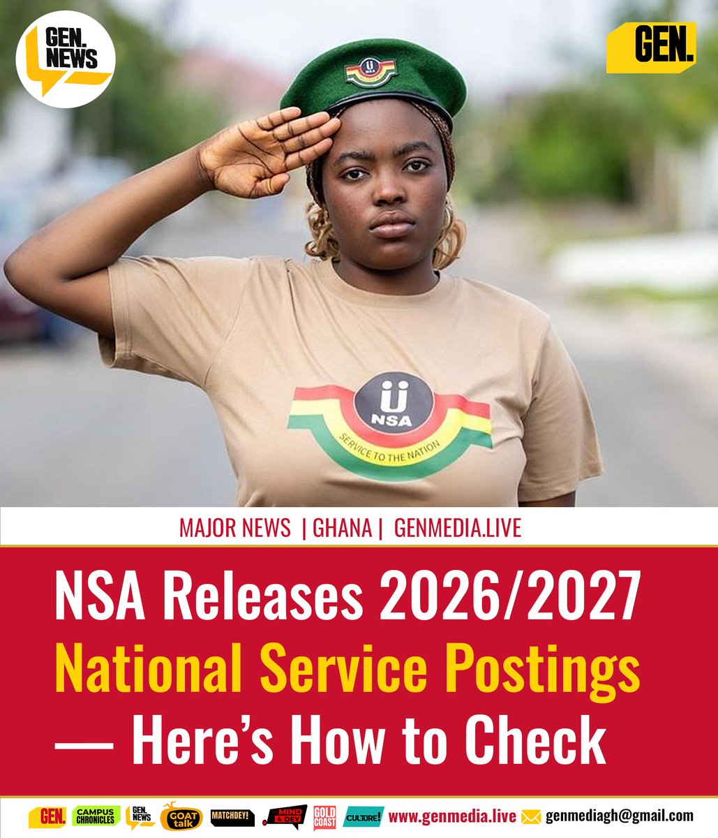 gheveningnews's tweet photo. 📍𝗠𝗔𝗝𝗢𝗥 𝗡𝗘𝗪𝗦: The National Service Authority (NSA) has commenced the deployment process for the 2026/2027 national service year, with prospective National Service Personnel expected to access their posting information through the Authority’s official online platform. 

The NSA previously announced that 121,754 prospective personnel were cleared for the registration process.

https://t.co/Za4jesY6W1

#NationalService #GhanaNews #NSA