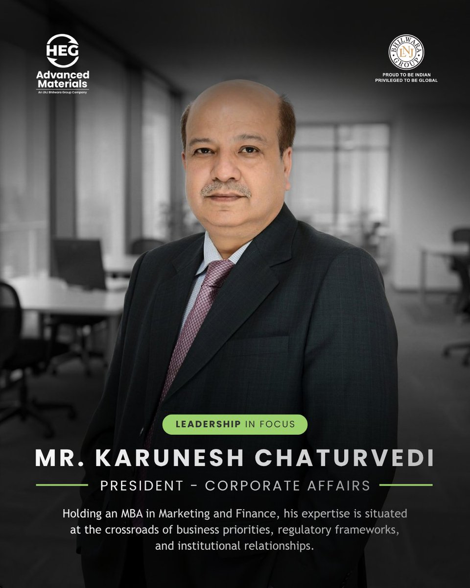 HEGAMofficial's tweet photo. Advanced materials scale inside policy and partnerships, not in isolation. As President - Corporate Affairs, Mr. Karunesh Chaturvedi leads the government, industry and stakeholder engagement that helps a young sector grow.

#ProgressIsMaterial https://t.co/XUcKSgvglV