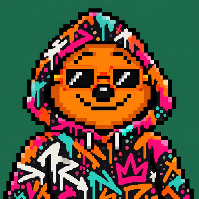 A pixel art illustration of an orange character wearing sunglasses and a hood covered in colorful paint drips, set against a green background.