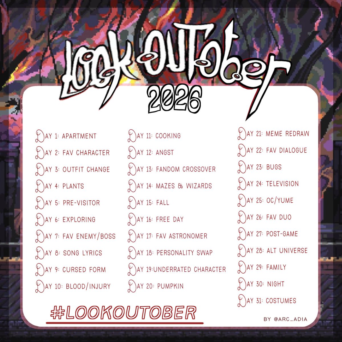 _arc_adia_'s tweet photo. 🔭Look Outside Inktober Prompt List!

Hello! This is my October 2026 Look Outside prompt list!
Don't be afraid to join in late or only do certain prompts as well! #lookoutside #lookoutober

Rules and Info Below! https://t.co/DOQkjDDcoN