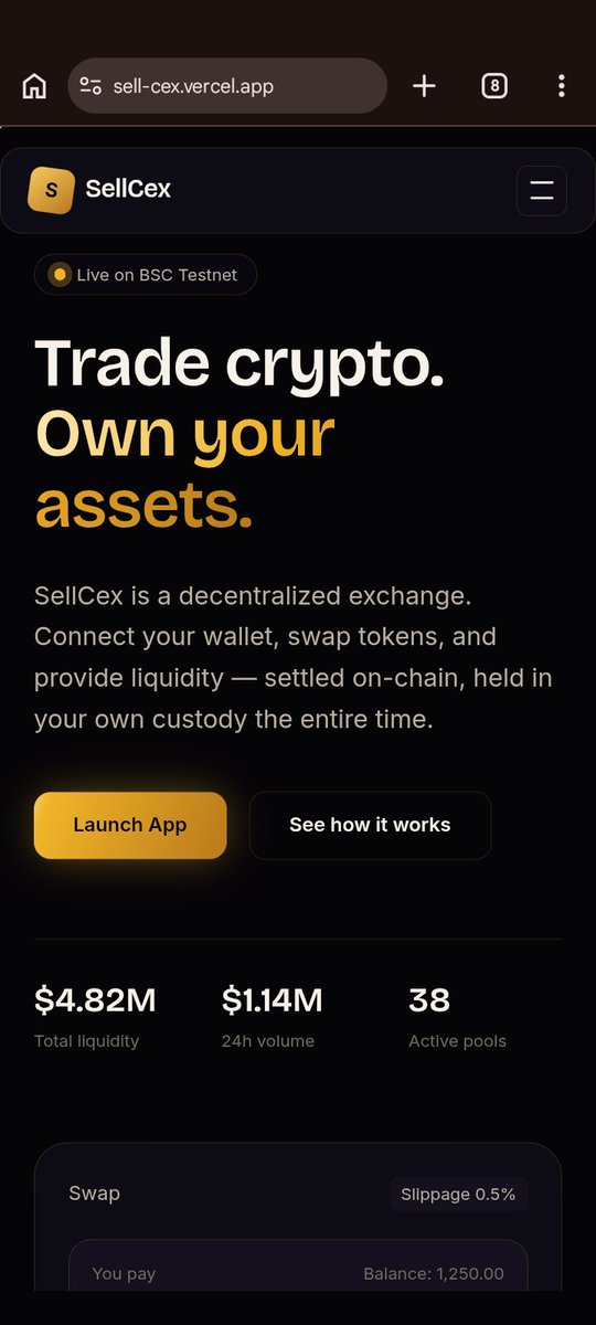 codeWithFaith01's tweet photo. Most DEXs are just Uniswap forks with a new skin.

So I built my own. 🧵

SellCEX a decentralized exchange built from scratch, with custom Solidity contracts for the AMM, Router, and Factory.

Trade Crypto. Own Your Assets.

https://t.co/m1sNh3SbKS

#Web3 #DeFi #Solidity #DEX https://t.co/2hyEQf7EDH