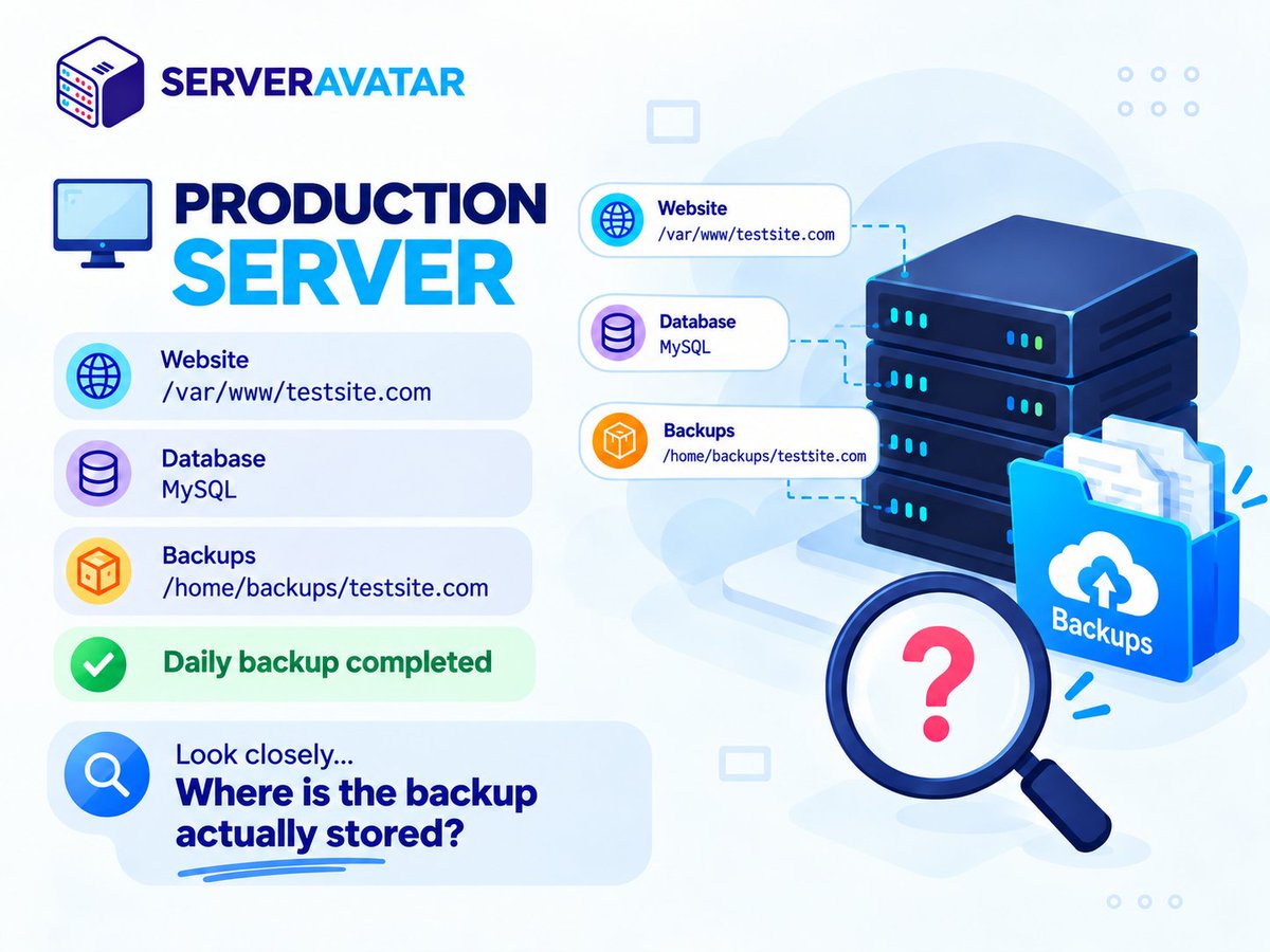 ServerAvatar's tweet photo. 👀 SPOT THE MISTAKE

The daily backup completed successfully. ✅The files are there.
But something is wrong with this setup.

🔎 Can you spot it before the reveal?

#serveravatar #backup #devops #backupstrategy #disasterrecovery #servermanagement https://t.co/uLoGjynova
