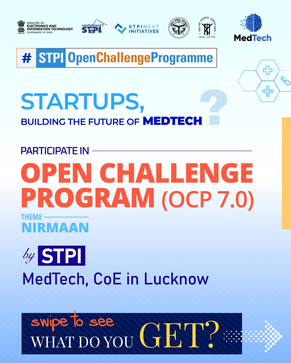 stpiindia's tweet photo. 🚀 Calling all MedTech startups!

Have you developed a healthcare solution with the potential to address real-world challenges? STPI MedTech CoE, Lucknow invites startups to participate in Open Challenge Programme (OCP) 7.0: NIRMAAN, focused on Medical Electronics and Health Informatics.

Whether you’re developing a prototype or building a solution ready for the next stage, NIRMAAN offers startups the ecosystem and support to move from product development and clinical validation to commercialisation and business scaling.

💡 Key Offerings:

💠 Access to state-of-the-art IoT Medi Labs
💠 Prototype development, 3D modelling & 3D printing support
💠 Mentorship from industry & clinical experts
💠 Market access & go-to-market support
💠 IPR & Medical CDSCO compliance guidance
💠 Angel/VC connects for funding support

📅 Last Date to Apply: 08 October 2026
🔗 Apply Now: https://t.co/TIXfhuZUeE

#STPI #NIRMAAN #OCP7  #OpenChallengeProgramme #MedTech #MedicalElectronics #HealthInformatics #MedTechStartups #HealthcareInnovation #HealthTech #StartupIndia #Innovation #Entrepreneurship #STPILucknow

@GoI_MeitY @AshwiniVaishnaw @JitinPrasada @SecretaryMEITY @arvindtw @_DigitalIndia @NeGD_GoI @startupindia @meitystartuphub @stpinext @MedTechCoE @UPGovt
