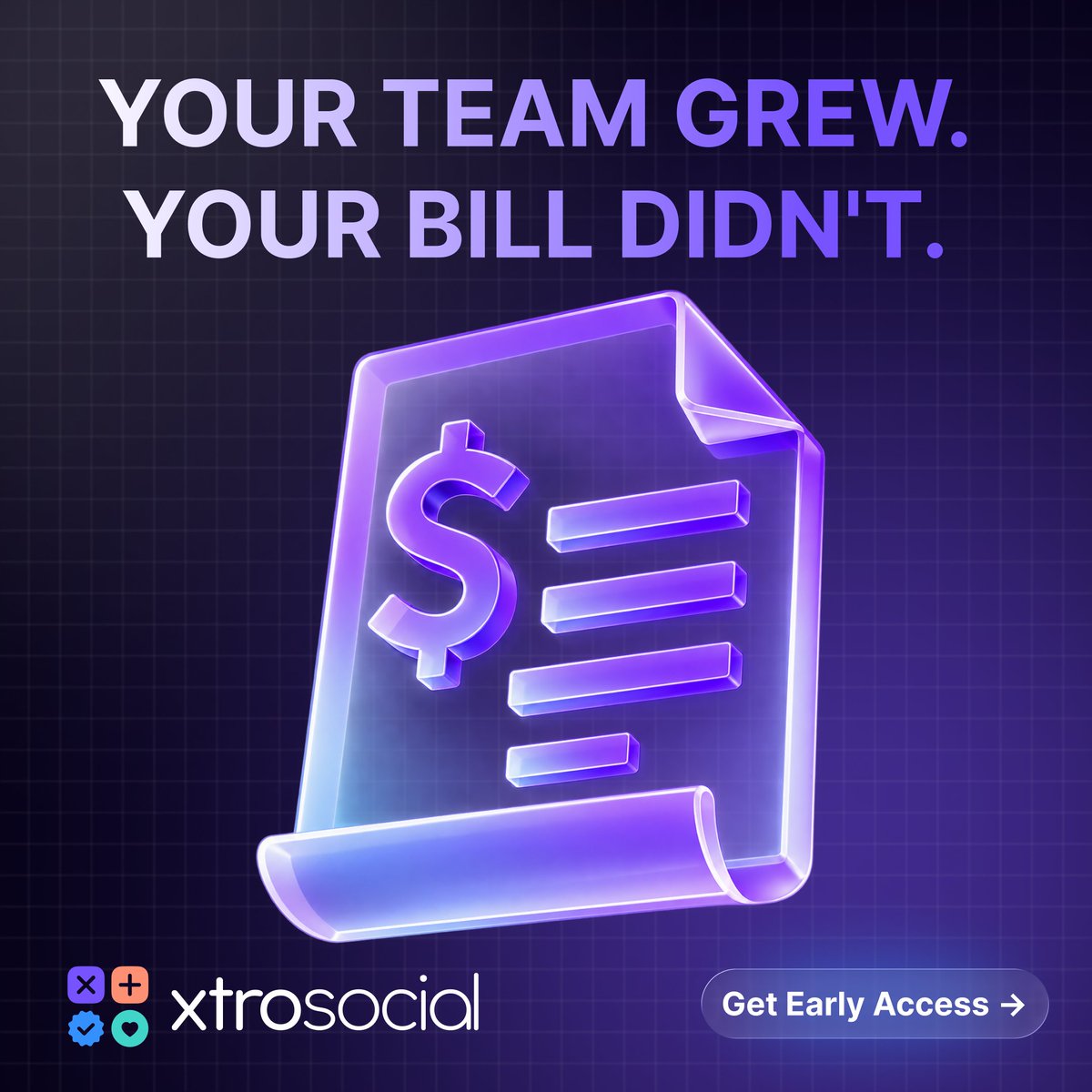 XTROSocial's tweet photo. Your team grew. Your bill didn't.

Scale your social operation without paying more for every new team member.

⚡ Comment "BETA" or hit the link in bio for early access.

#XTROSocial https://t.co/ChQSLFY44x