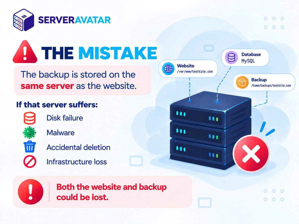 ServerAvatar's tweet photo. 👀 SPOT THE MISTAKE

The daily backup completed successfully. ✅The files are there.
But something is wrong with this setup.

🔎 Can you spot it before the reveal?

#serveravatar #backup #devops #backupstrategy #disasterrecovery #servermanagement https://t.co/uLoGjynova