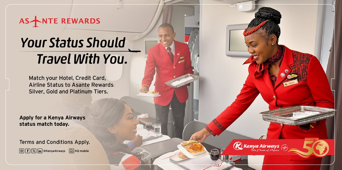 KenyaAirways's tweet photo. You can now match your status from other loyalty programs and receive Asante Rewards Silver Elite, Gold Elite Plus, or Platinum Elite Plus status to continue enjoying exclusive travel benefits. 

Apply here today:👉 https://t.co/WD50wxvmAp https://t.co/P86egHRSBT