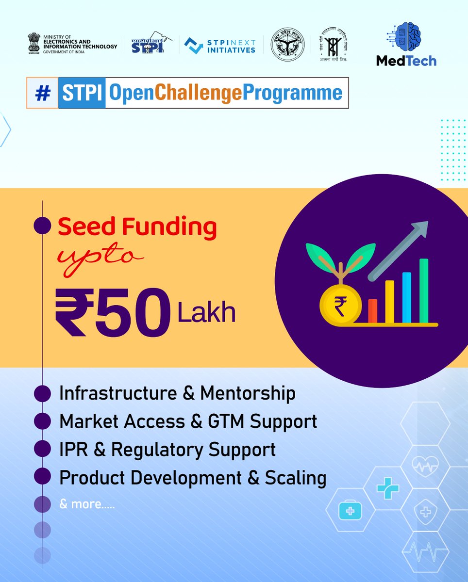 stpiindia's tweet photo. 🚀 Calling all MedTech startups!

Have you developed a healthcare solution with the potential to address real-world challenges? STPI MedTech CoE, Lucknow invites startups to participate in Open Challenge Programme (OCP) 7.0: NIRMAAN, focused on Medical Electronics and Health Informatics.

Whether you’re developing a prototype or building a solution ready for the next stage, NIRMAAN offers startups the ecosystem and support to move from product development and clinical validation to commercialisation and business scaling.

💡 Key Offerings:

💠 Access to state-of-the-art IoT Medi Labs
💠 Prototype development, 3D modelling & 3D printing support
💠 Mentorship from industry & clinical experts
💠 Market access & go-to-market support
💠 IPR & Medical CDSCO compliance guidance
💠 Angel/VC connects for funding support

📅 Last Date to Apply: 08 October 2026
🔗 Apply Now: https://t.co/TIXfhuZUeE

#STPI #NIRMAAN #OCP7  #OpenChallengeProgramme #MedTech #MedicalElectronics #HealthInformatics #MedTechStartups #HealthcareInnovation #HealthTech #StartupIndia #Innovation #Entrepreneurship #STPILucknow

@GoI_MeitY @AshwiniVaishnaw @JitinPrasada @SecretaryMEITY @arvindtw @_DigitalIndia @NeGD_GoI @startupindia @meitystartuphub @stpinext @MedTechCoE @UPGovt