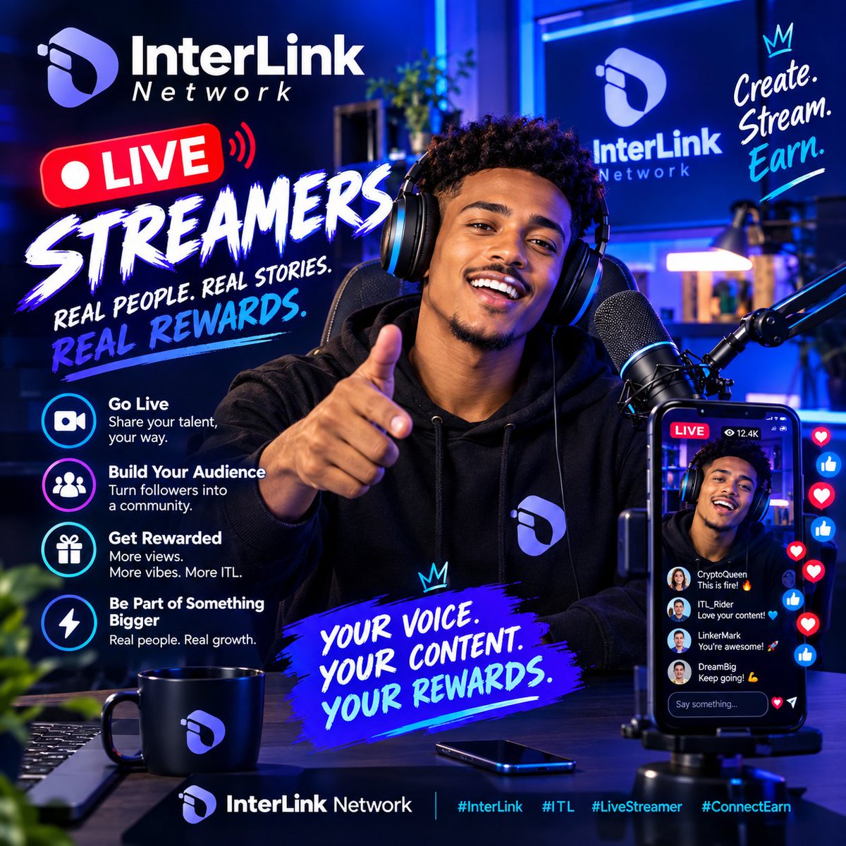 FuadAmin8's tweet photo. Go LIVE with InterLink Network! 🎥 Share your talent, build your audience, connect with real people, and turn every stream into a chance to grow, engage &amp; earn. 🚀💙 

#InterLink #ITLG #ITLX #ITL https://t.co/qMuBVgvnS3