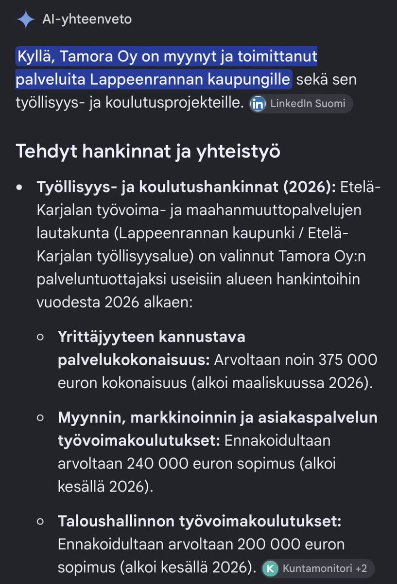 Truthfulflower's tweet photo. Siis hetkinen, nyt kiinnostaa todella tämä ”Myyrä-himmeli”……Siis kuinka monta eri Myyrää on olemassa ja kuinka monta eri roolia ja virkaa Myyrällä on ja kuinka monta eri palkkaa ja korvausta eri teitä pitkin Myyrä nostaa päällekkäin, lisäksi pitää selvittää kuinka monta Myyrä firmaa on olemassa joilla laskutetaan samanaikaisesti vielä kaiken muun päälle ? Ja miten minta koulutusta myyrällä on ja mistä ne on lähtöisin, onko pikakursseja vai jotain muuta?😳😳😳🆘👇🏻

Jos nämä kuviot pitävät paikkansa niin koko Sote/hyvinvointi-sakki ja kaikki kuviot pitää laittaa syvätutkintaan👇🏻

Taija Myyrä toimii Tamora Oy:n verkostossa itsenäisenä konsulttina. 
Hänen roolinsa ja kytkensä aiemmin esitettyihin Lappeenrannan kaupungin suuriin hankintoihin rakentuu seuraavasti:

1. Konsulttipalveluiden myynti Tamoran kautta
Myyrä on kertonut julkisesti (muun muassa ammatillisessa LinkedIn-profiilissaan), että hän tekee päätyönsä ohella itsenäistä, pienimuotoista konsultointia ja muutosmuotoilua Tamora Oy:n kautta. Tamora toimii hänelle ikään kuin "kotipesänä" ja alustana, jonka brändin ja verkoston kautta hän voi myydä omaa erityisosaamistaan. 

2. Rooli koulutuksissa jaJET-tutkinnoissa
Tamoralla on virallisia sopimuksia muun muassa Johtamisen ja yritysjohtamisen erikoisammattitutkintojen (JET) järjestämisestä. Myyrä on mukana näissä ohjelmissa kouluttamassa ja sparraamassa johtoryhmiä sekä esihenkilöitä erityisesti hänen omilla ydinosaamisalueillaan:
•Vaikuttavuus ja tiedolla johtaminen
•Julkishallinnon rakenneuudistukset
•Johdon sparraus ja palvelumuotoilu 

3. Yhteys Lappeenrannan hankintoihin
Koska Tamora Oy on voittanut suuria (yhteensä satojen tuhansien eurojen arvoisia) työllisyys-, yrittäjyys- ja taloushallinnon koulutushankintoja Lappeenrannan kaupungilta ja Etelä-Karjalan työllisyysalueelta vuodesta 2026 alkaen, Myyrän asiantuntemus julkishallinnosta ja alueellisesta sote- ja kunnalliskentästä tekee hänestä luonnollisen osan Tamoran asiantuntijatiimiä.