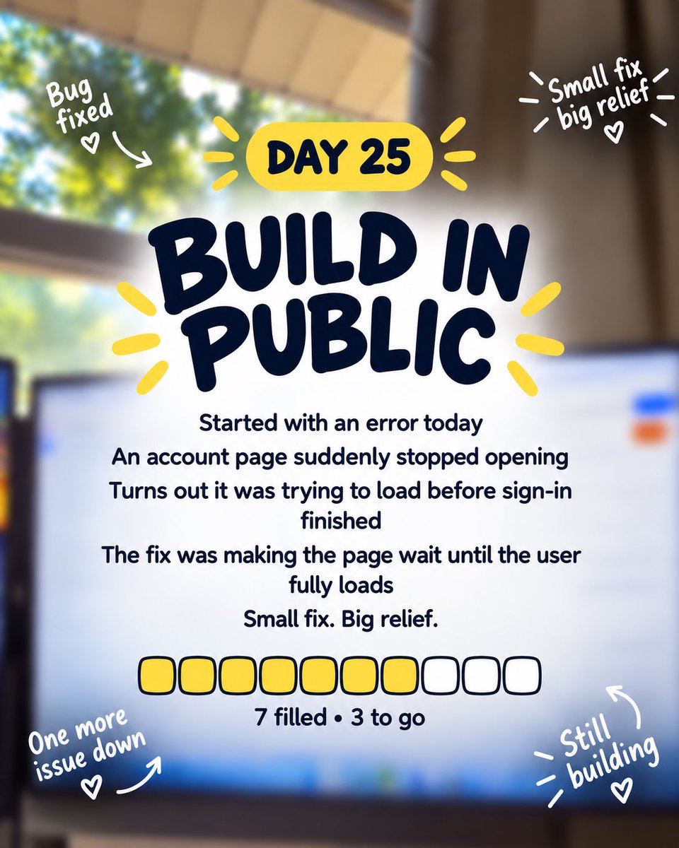 JulieFrench_'s tweet photo. Day 25 of building in public 👩‍💻

Today started with one of those errors that makes you immediately wonder what you broke. 😂

One of the account pages suddenly stopped opening correctly.

At first I thought it might be connected to a recent security change, so I went back through everything trying to find where things had gone wrong.

Turns out the actual problem was much smaller.

The page was trying to load account information before sign-in had completely finished.

So the fix was simply making the page wait until the user was fully loaded before showing the account details.

That was it.

No big rebuild.
No undoing the security work.
No new problem created somewhere else. 🙌

The page is working again, the privacy rules stayed intact, and all the tests are passing.

This stage of building is teaching me that sometimes the scary-looking problems have surprisingly small fixes.

Day 25 ✅

One more bug down. 💛