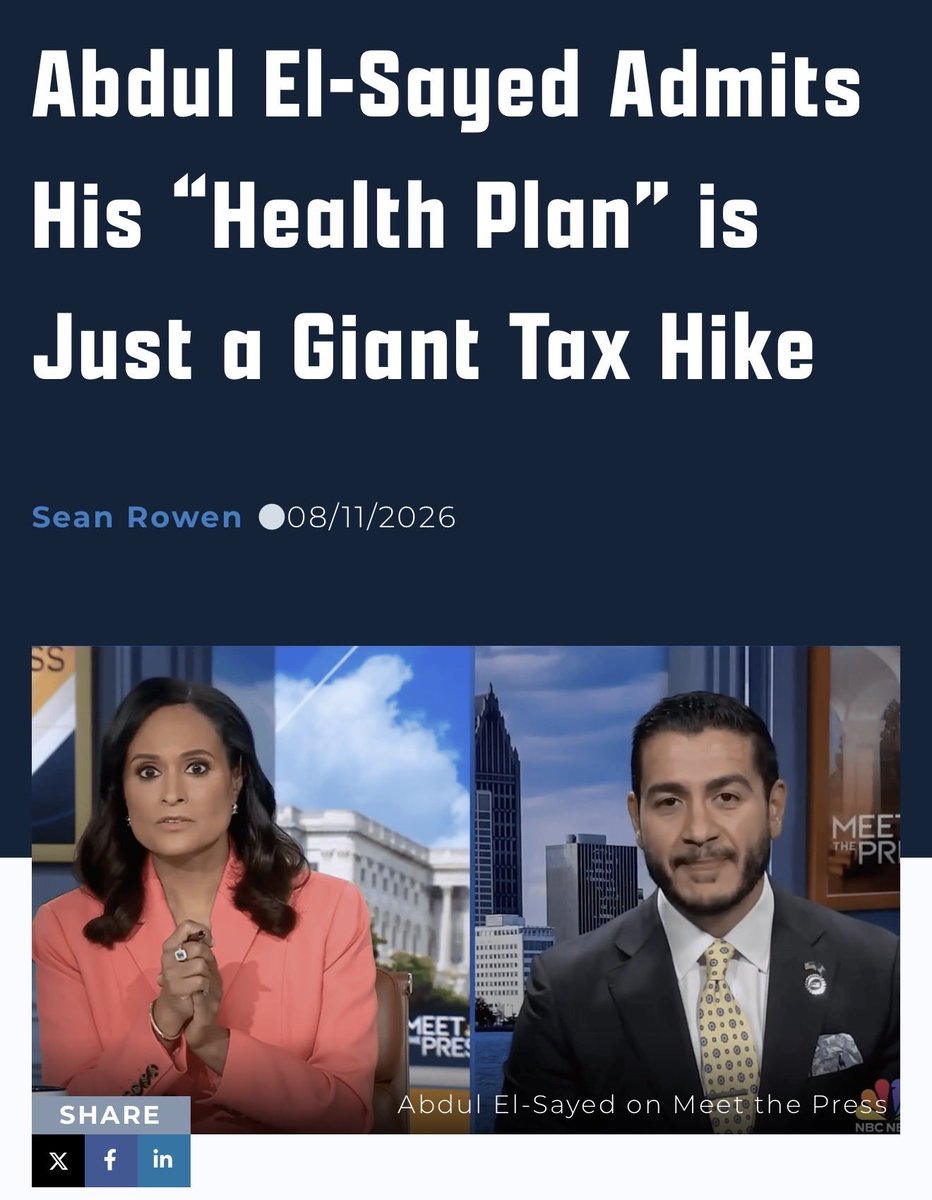 medbedTec's tweet photo. 🚨 He admitted it on national TV. 

Abdul El-Sayed’s “health plan” is a giant tax hike with a doctor costume on it.

• Calls himself a physician
• Never held a medical license
• Medicare for All = you pay, government decides
• Michigan Senate seat on the line https://t.co/x1SEdBbahn