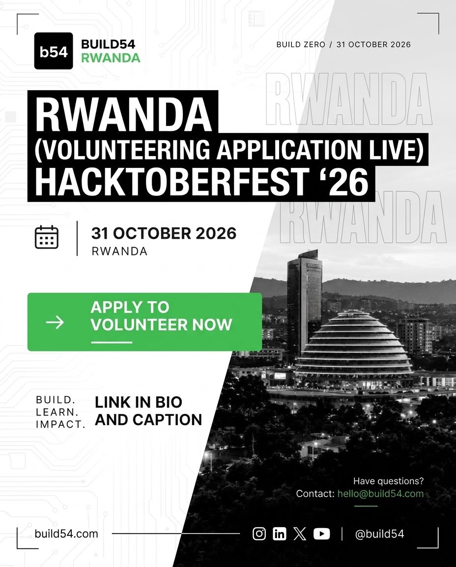 build54Africa's tweet photo. RWANDA! Hacktoberfest ’26 needs YOU. Volunteer applications are officially OPEN! 🇷🇼
Apply now to join our teams and help build an unforgettable event on 31 October 2026.
Build. Learn. Impact.
🔗 Apply here: https://t.co/oJgbJbgh5K
#Build54 #Hacktoberfest #RwandaTech https://t.co/eALPEZvvbf