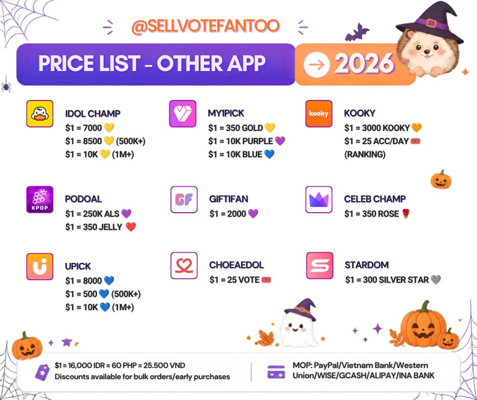 sellvotefantoo's tweet photo. AVAILABLE FOR SALE/RESERVATION ✨

🍒 MNET PLUS
🍒 DUCKAD
🍒 IDOL CHAMP
🍒 MUBEAT
🍒 MY1PICK
🍒 HIGHER
🍒 CELEB CHAMP
🍒 KOOKY
....
💰Paypal/Vietnam Bank/WU/WISE/GCASH/ALIPAY/INA BANK
📩 Available apps not included in the price list
💌DM for more info/purchase/reserve/RT deal https://t.co/UtMKgEgoGm