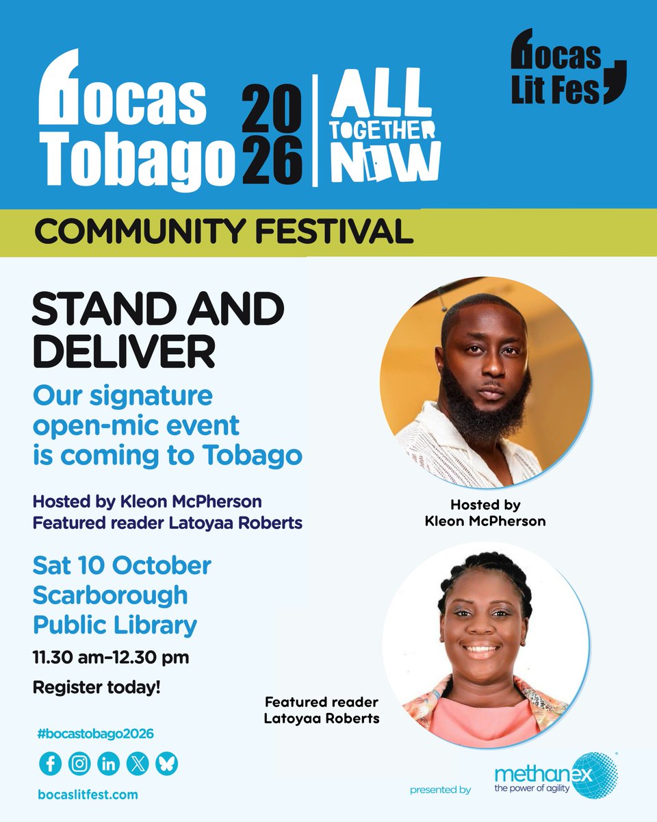 bocaslitfest's tweet photo. Storytellers in Tobago! Hereβs your chance to read/perform in front of a supportive festival audience!
ποΈSat 10 Oct π11.30 amβ12.30 pm
πScarborough Public Library
Host: Kleon McPherson
Featuring: Latoyaa Roberts
Sign up https://t.co/ftLIlMiLSC
#bocastobago2026 #alltogethernow https://t.co/kyXux58oSw