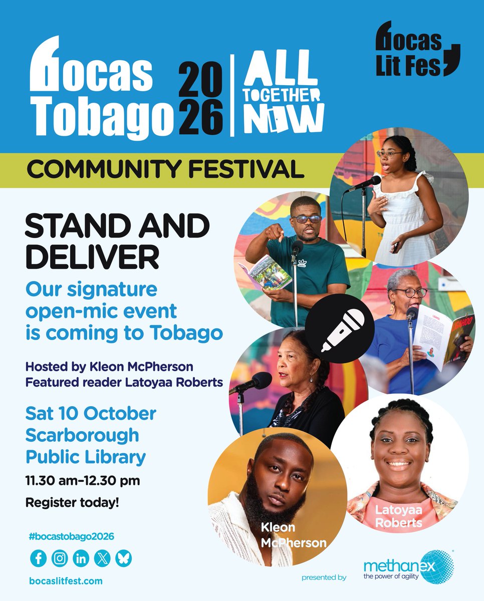 bocaslitfest's tweet photo. Storytellers in Tobago! Hereβs your chance to read/perform in front of a supportive festival audience!
ποΈSat 10 Oct π11.30 amβ12.30 pm
πScarborough Public Library
Host: Kleon McPherson
Featuring: Latoyaa Roberts
Sign up https://t.co/ftLIlMiLSC
#bocastobago2026 #alltogethernow https://t.co/kyXux58oSw