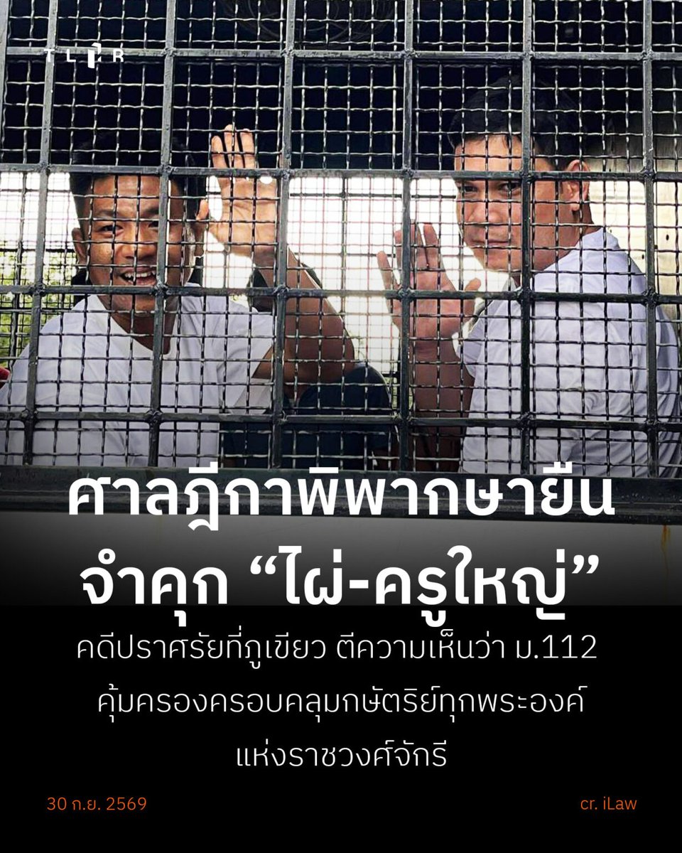 TLHR2014's tweet photo. 30 ก.ย. 69 ศาลฎีกาพิพากษายืนจำคุก “ไผ่ จตุภัทร์” 2 ปี 12 เดือน และ “ครูใหญ่ อรรถพล” 2 ปี คดี ม.112 ปราศรัยที่ภูเขียว ปี 64
.
ศาลตีความว่า ม.112 คุ้มครองครอบคลุมกษัตริย์ทุกพระองค์แห่งราชวงศ์จักรี ไม่รับข้อต่อสู้ของไผ่ที่ว่าคุ้มครองเฉพาะกษัตริย์ที่ครองราชย์อยู่ และของครูใหญ่ที่ว่า “กษัตริย์” คือชื่อตำแหน่งเหมือนผู้ใหญ่บ้าน คดีถึงที่สุด
.
.
อ่านข่าวบนเว็บไซต์: https://t.co/S1FEldti02