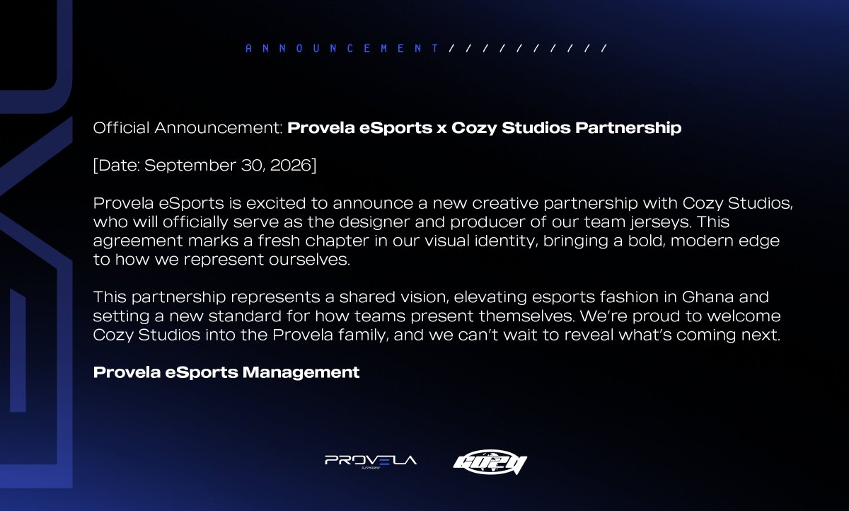 ProvelaeSports's tweet photo. 🚨 | Public Service Announcement: Provela x Cozy Studios

Clothing meets #Competitive gaming 😎 https://t.co/8Ec4gUxM0I