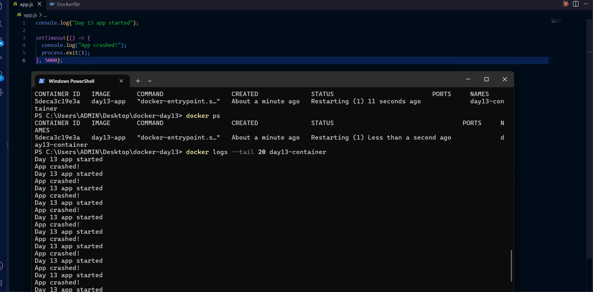 derkadd1o1's tweet photo. Day 13 🐳
Learned Docker restart policies.
Practiced:
• --restart unless-stopped
• Container crashes &amp; restarts
• Exit codes
• RestartCount
• Docker logs
Built a container that crashes and automatically restarts.
#100DaysOfDevOps #Docker #DevOps https://t.co/nEcO63cKN9