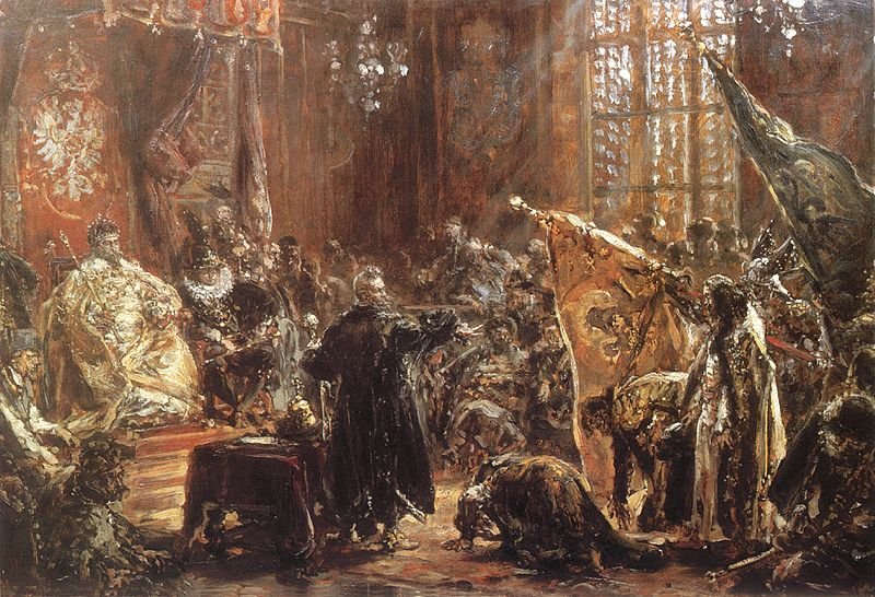d_foubert's tweet photo. Poland 🇵🇱 inflicted on Russia the greatest humiliation in its history.

In 1611, Tsar 🇷🇺 Vasili IV knelt before King of Poland 🇵🇱 Sigismund III, kissed his hand and acknowledged his submission.

After the crushing Polish-Lithuanian victory at Klushino and the seizure of the Kremlin but the Commonwealth's forces, Tsar Vasili IV Shuisky was overthrown and fell into Polish hands.

The following year, Supreme Commander Stanisław Żółkiewski brought Shuisky and his brothers to Warsaw.

On 29 October 1611, the scene took place.

The event became known as the Homage of the Shuiskys.