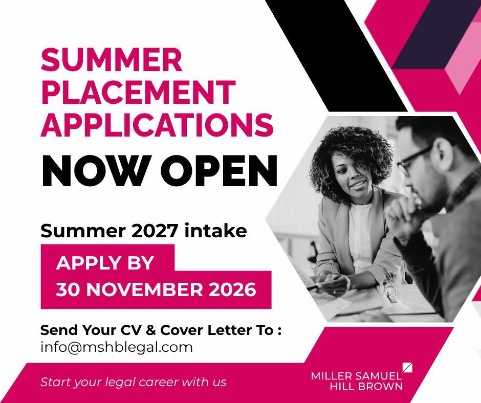 MSHBLLP's tweet photo. 🎓 Applications are open for MSHB’s 2027 Summer Placement Programme.

Gain practical experience, explore different areas of law and learn from experienced legal professionals.

⏳ Apply by 30 November 2026:

https://t.co/Shu8pW3lcI

#LawStudents #SummerPlacement https://t.co/LkiqLxHLJk