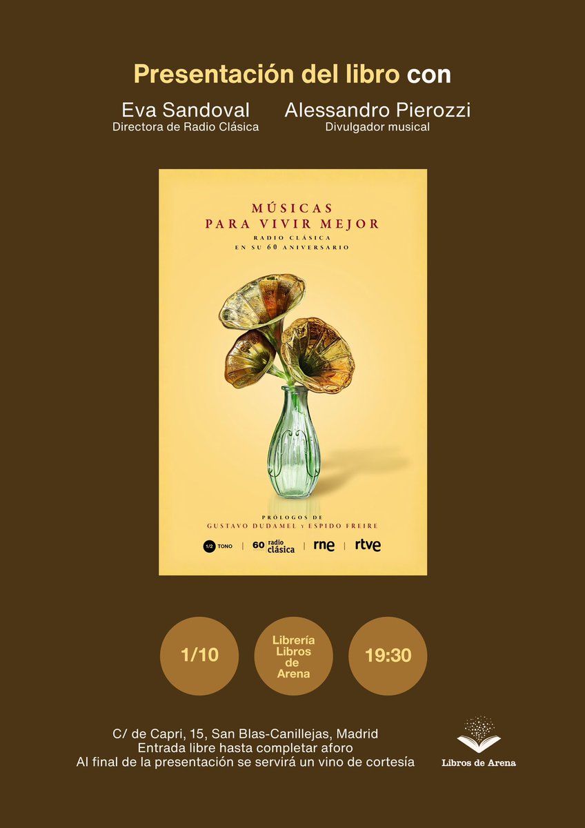 MediotonoE's tweet photo. Mañana 1 de octubre no faltéis. @LdALibreria con @evasandovalRNE @AbramosVentanas presentando el libro “Músicas para vivir mejor” @radioclasica 
Os esperamos!! 🍷
👉 C/Capri, 15
🕒 19.30h https://t.co/TAWwBoyV5s