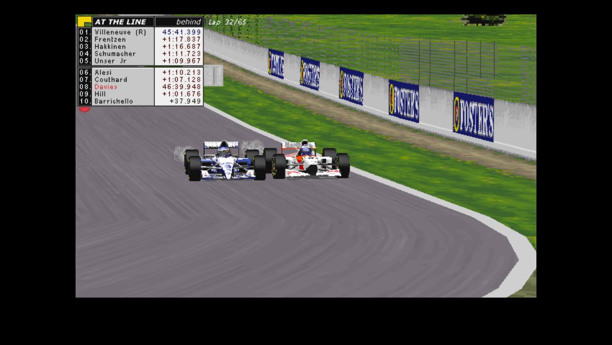 Gp2Joey's tweet photo. 2/6/1996
#F1 Rd7/16 #SpanishGP
Lap 33/65
🟨YELLOW FLAG
⚡️ANDRETTI OUT
⏱️DAVIES PITS

The transmission in the back of his car gives up and Michael #Andretti is forced to retire as #GP2Joey comes in for his sole stop and is underway again after 11s before clashing with an unseen #Coulthard into Turn 1...
WHAT EXCITEMENT!!!
#RetroF1 #Retrogaming #Formula1 #GrandPrix