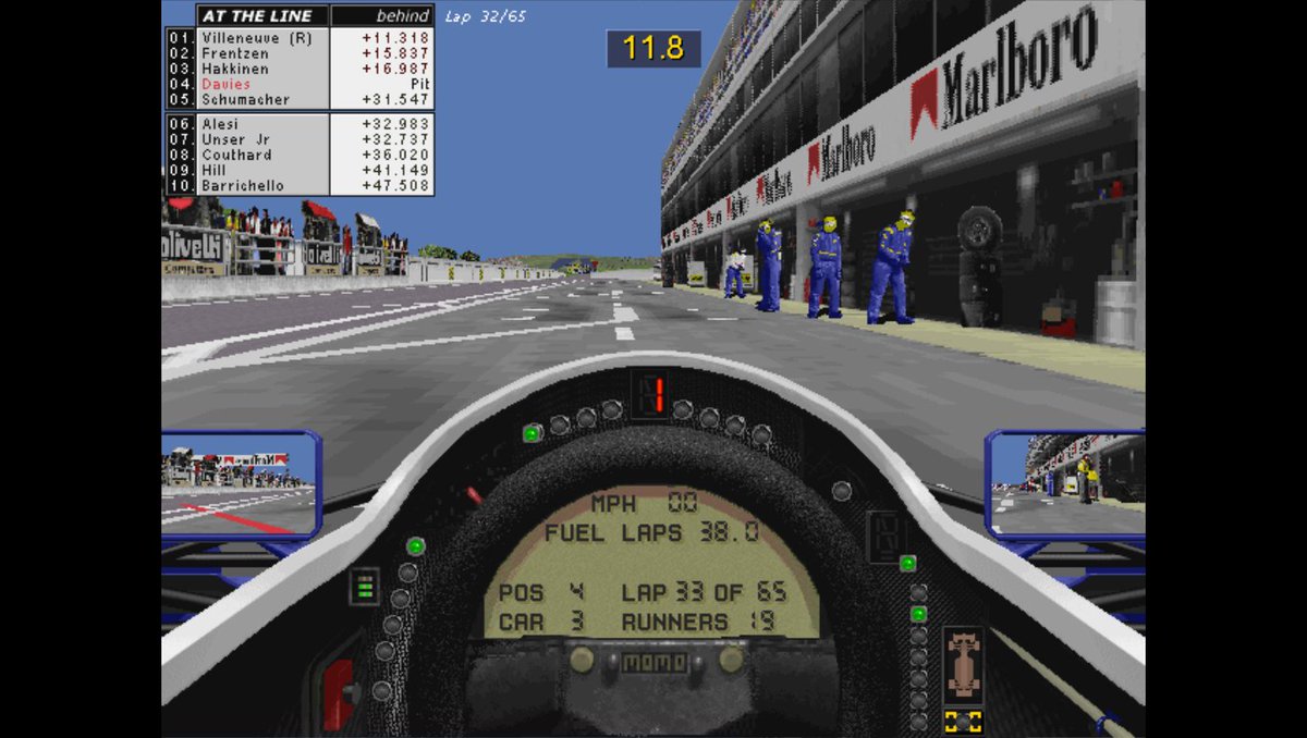 Gp2Joey's tweet photo. 2/6/1996
#F1 Rd7/16 #SpanishGP
Lap 33/65
🟨YELLOW FLAG
⚡️ANDRETTI OUT
⏱️DAVIES PITS

The transmission in the back of his car gives up and Michael #Andretti is forced to retire as #GP2Joey comes in for his sole stop and is underway again after 11s before clashing with an unseen #Coulthard into Turn 1...
WHAT EXCITEMENT!!!
#RetroF1 #Retrogaming #Formula1 #GrandPrix