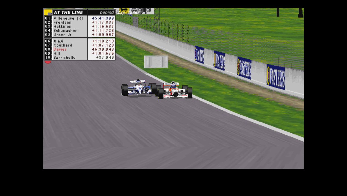 Gp2Joey's tweet photo. 2/6/1996
#F1 Rd7/16 #SpanishGP
Lap 33/65
🟨YELLOW FLAG
⚡️ANDRETTI OUT
⏱️DAVIES PITS

The transmission in the back of his car gives up and Michael #Andretti is forced to retire as #GP2Joey comes in for his sole stop and is underway again after 11s before clashing with an unseen #Coulthard into Turn 1...
WHAT EXCITEMENT!!!
#RetroF1 #Retrogaming #Formula1 #GrandPrix