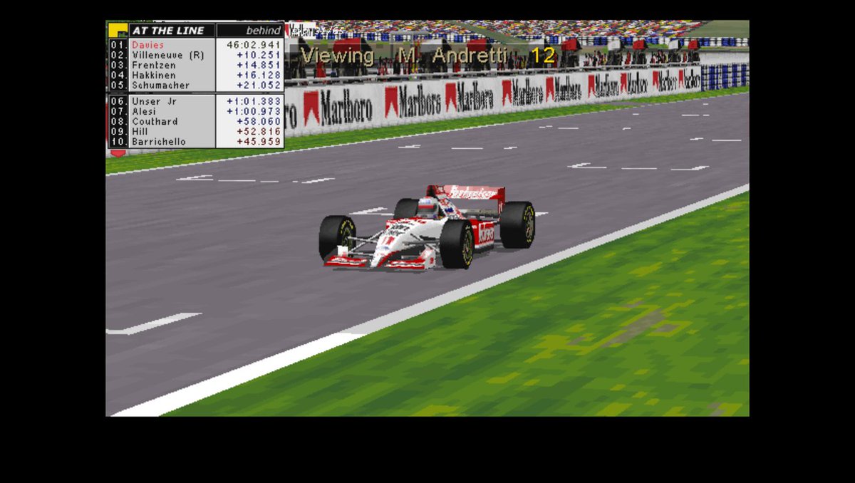 Gp2Joey's tweet photo. 2/6/1996
#F1 Rd7/16 #SpanishGP
Lap 33/65
🟨YELLOW FLAG
⚡️ANDRETTI OUT
⏱️DAVIES PITS

The transmission in the back of his car gives up and Michael #Andretti is forced to retire as #GP2Joey comes in for his sole stop and is underway again after 11s before clashing with an unseen #Coulthard into Turn 1...
WHAT EXCITEMENT!!!
#RetroF1 #Retrogaming #Formula1 #GrandPrix