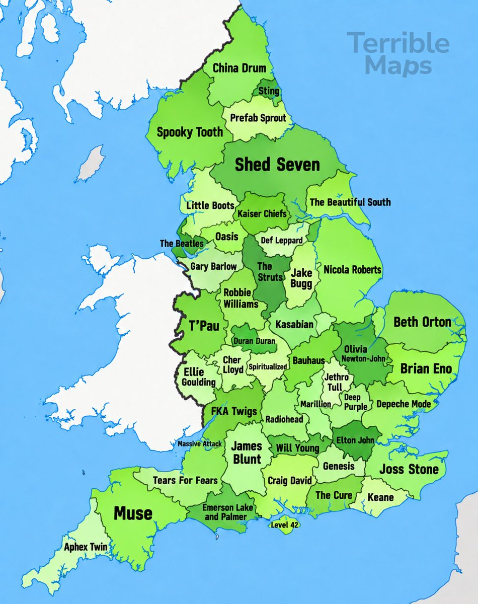TerribleMaps's tweet photo. The best-selling music act from each English county https://t.co/seJYIDjsCR