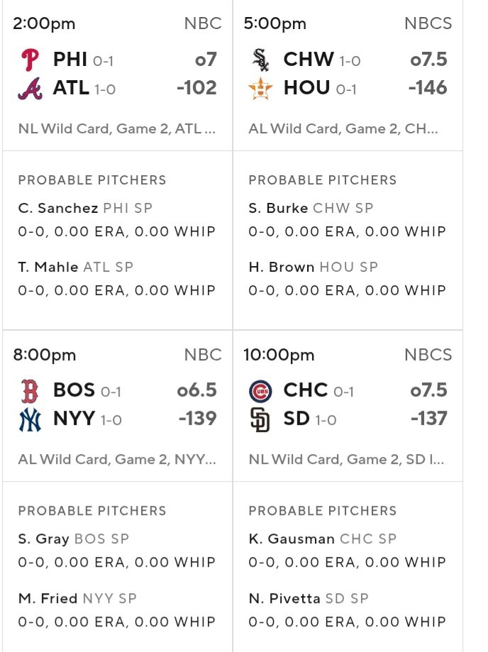 SoyOtroLucho's tweet photo. #Postseason #NoTimeLikeOctober
Series de Comodin
Phillies vs Braves 2p Televen / Espn4 (Serie 1-0 Atl)
White Sox vs astros 5p IVC (Serie 1-0 CHW)
Red Sox vs Yankees 8p Televen / Espn4 (Serie 1-0 NYY)
Cubs vs Padres 10p IVC (Serie 1-0 SD) https://t.co/hqY0SpTfEb