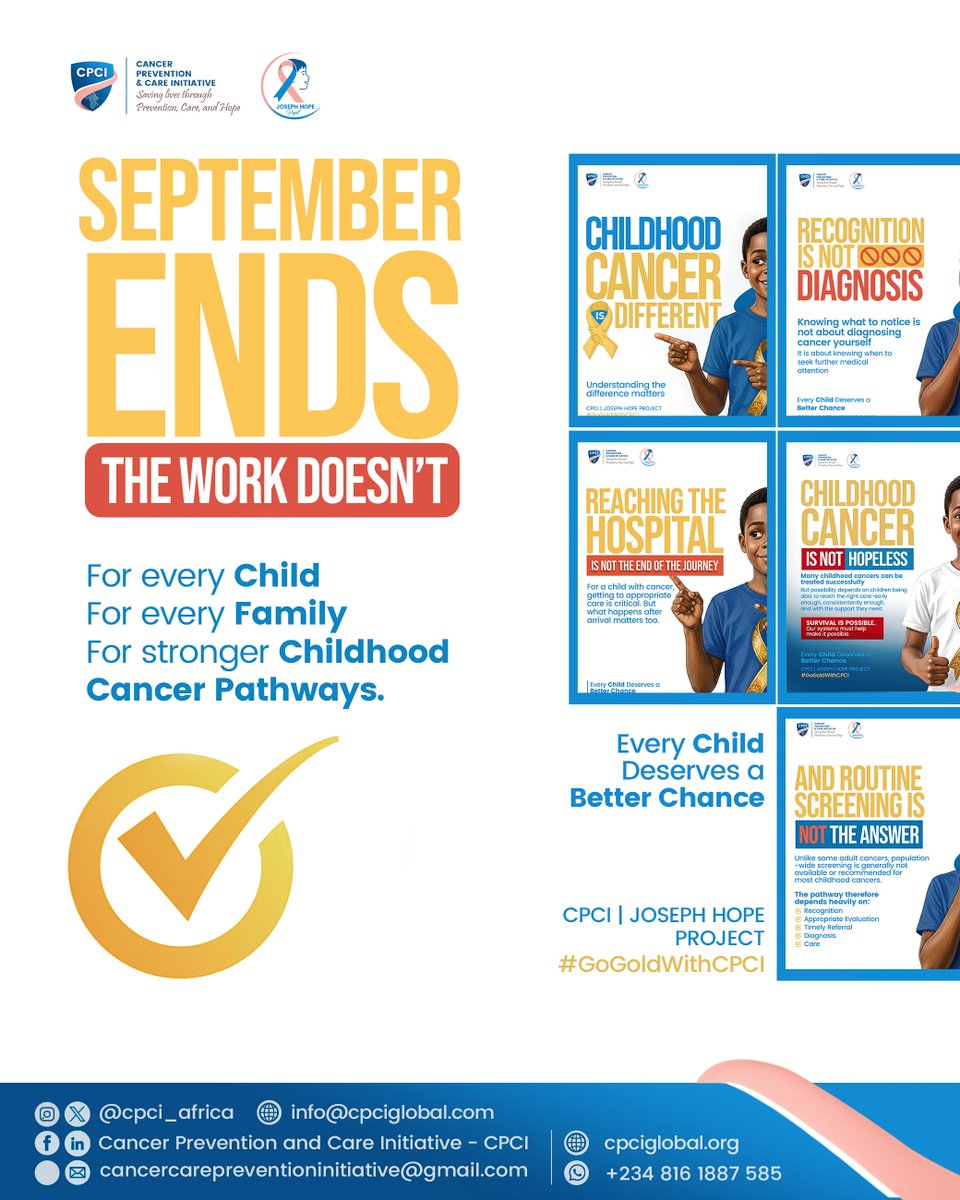cpci_africa's tweet photo. September ends. The work doesn't. 💛

This month, we went beyond awareness - exploring recognition, referral, care, families, data, research &amp; stronger systems.

Now we keep building.

Our commitment to giving children a better chance continues.

#GoGoldWithCPCI #ChildhoodCancer https://t.co/5Z7R3JrFIP