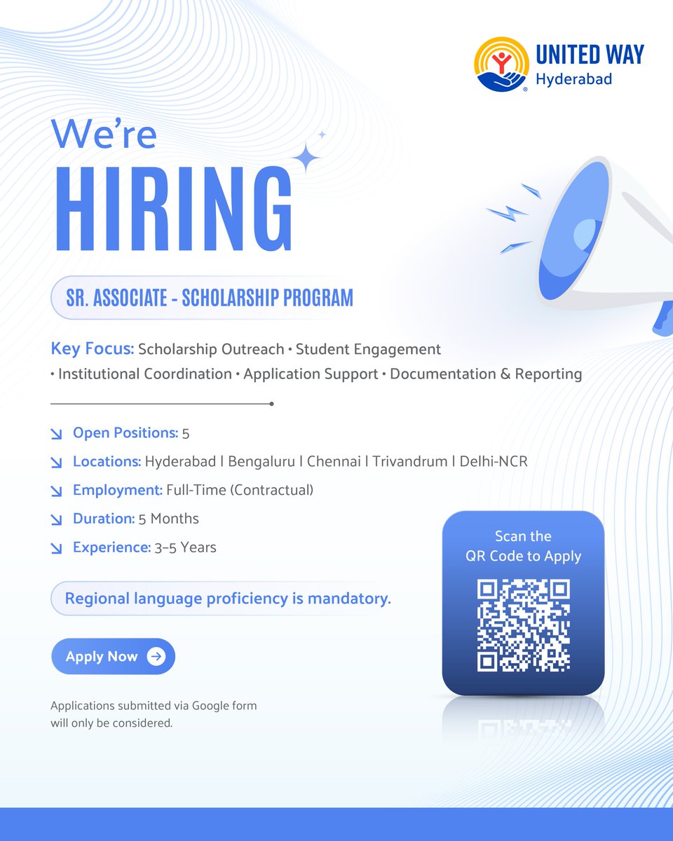 unitedwayhyd's tweet photo. 📢We’re Hiring!

Join @UnitedWayHyd as Sr. Associate – Scholarship Program and help expand educational opportunities for students. 🎓

📍 Hyderabad | Bengaluru | Chennai | Trivandrum | Delhi-NCR
💼 Full-Time | 5-Month Contract | 3-5 yrs experience
Apply: https://t.co/EEkdT5Y9Ap https://t.co/M4ExV2Tx9U