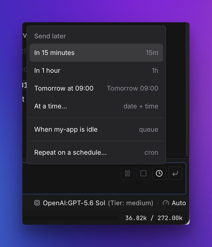 voidleapcom's tweet photo. Feature drop: Schedule your agent runs

You know what the agent should do next, but you don’t want to send the prompt yet.

Pick a time. Queue it. Or repeat it on a schedule. https://t.co/rS5pDyOjkv