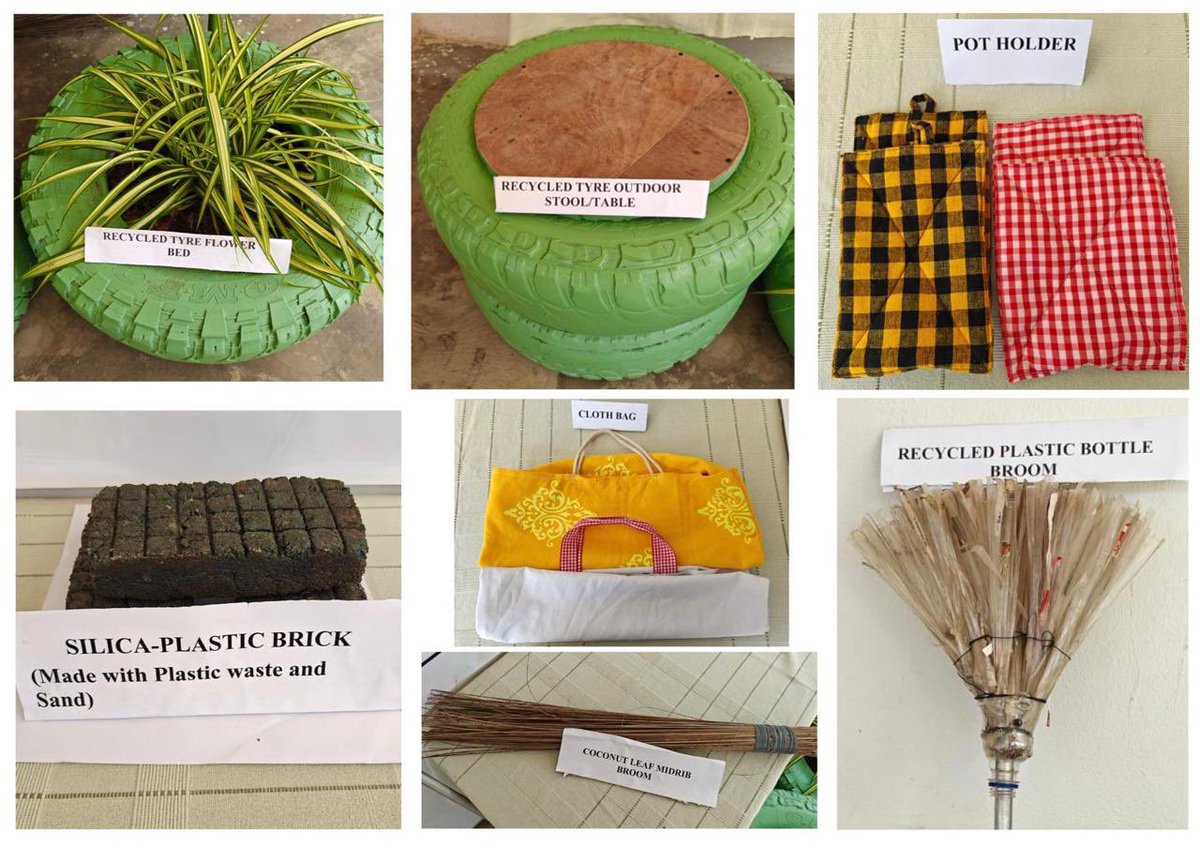 jacob_zhimomi's tweet photo. Nothing goes to waste. Kudos to @nagalandphed Rural Division Dimapur for successfully converting waste products and materials into useful ones, as part of #SwachhhataHiSeva2026. This provides more impetus towards sustainable waste management while simultaneously promoting reuse, upcycling and recycling. 

The products include:

🧱 Silica-Plastic Bricks — made using plastic waste
🧹 Plastic Bottle Broom — made from recycled plastic bottles
🌴 Coconut Leaf Midrib Broom — utilising naturally discarded coconut leaf midribs
🛞 Recycled Tyre Outdoor Stool/Table — repurposing discarded tyres
🪴🛞 Recycled Tyre Flower Bed — converting waste tyres into attractive planters
🏺 Pot Holders — created using reusable waste materials
👜 Cloth Bags — promoting reuse of discarded fabric as an alternative to single-use plastic bags

SWACHHATA SE SAMRIDDHI-WASTE TO WEALTH

@narendramodi @AmitShah @CRPaatil 

#KABADSEJUGAAD #SwachhataMeinSahbhagSwachhBharatViksit #SwachhBharat #Nagaland