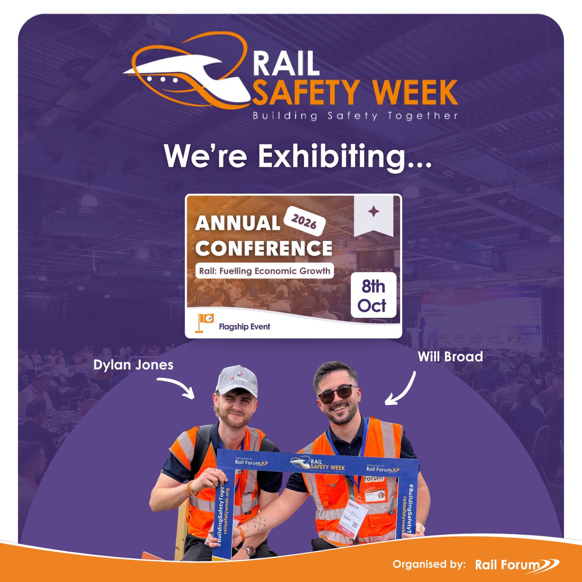 RailSafetyWeek's tweet photo. 📍Rail Safety Week | Rail Forum Annual Conference 2026

Dylan Jones and Will Broad from Rail Safety Week will be exhibiting at this year's Rail Forum Annual Conference at Doncaster Racecourse on 8 October.

If you're attending, please stop by our stand and say hello!🚆 https://t.co/sg8XY2LwRl