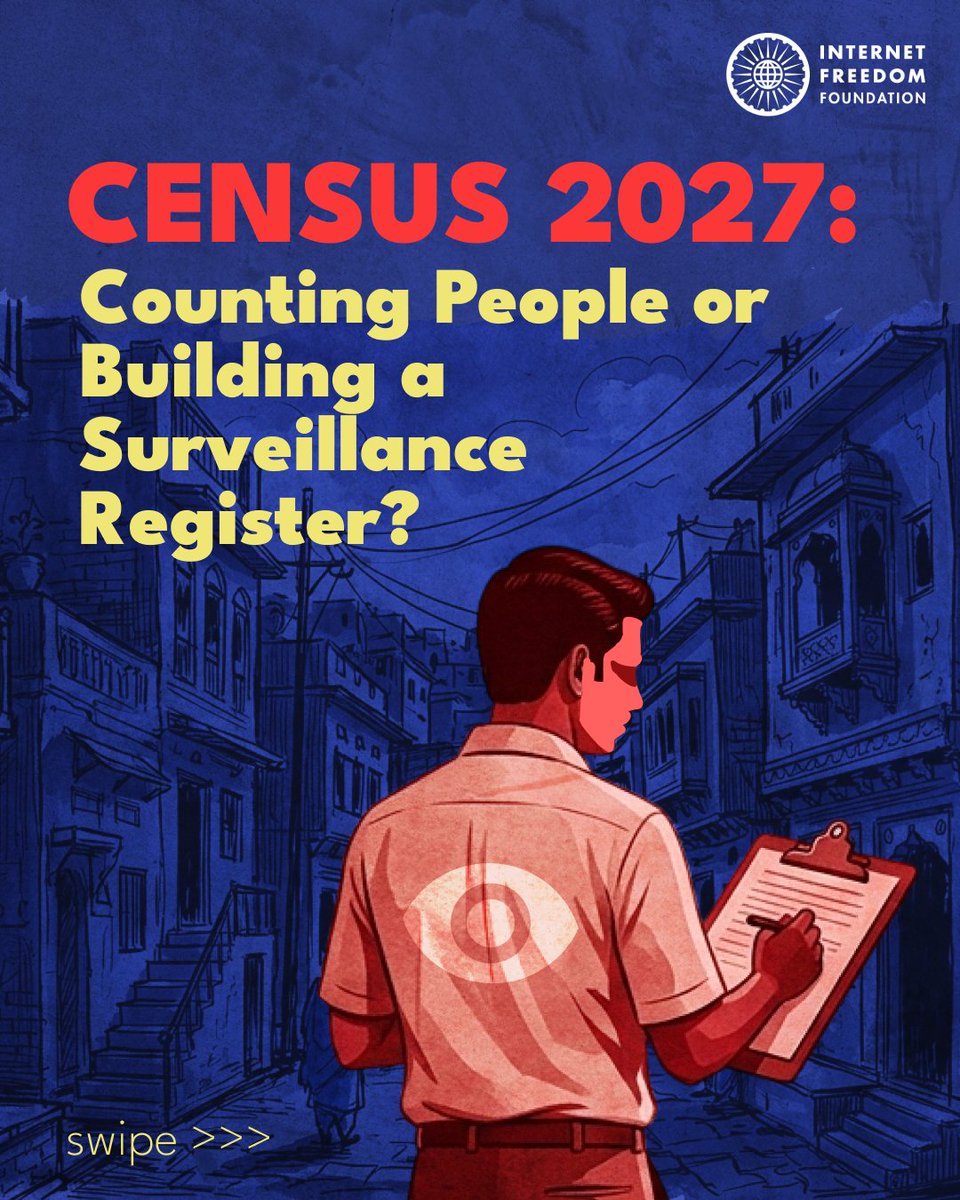 internetfreedom's tweet photo. Census 2027 will ask for your Aadhaar, Voter ID, passport and mobile numbers, alongside your caste and religion. No Indian census has ever asked for a document number.
Putting these identifiers in one record makes it possible to link your census data to other government databases, with no data protection law in force to protect your privacy.
